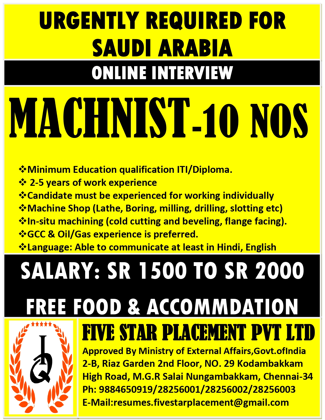 URGENT REQUIREMENT FOR SAUDI ARABIA
