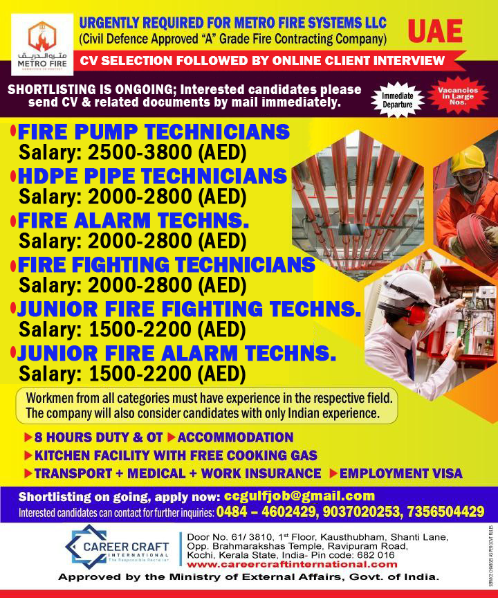 Urgent requirement of manpower for Metro Fire, United Arab Emirates – Online Client Interview –