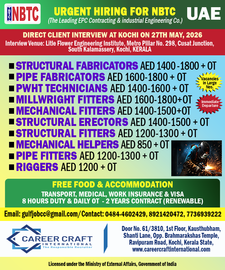 Client Interview at Kochi on 27th May, 2026 for NBTC, United Arab Emirates –