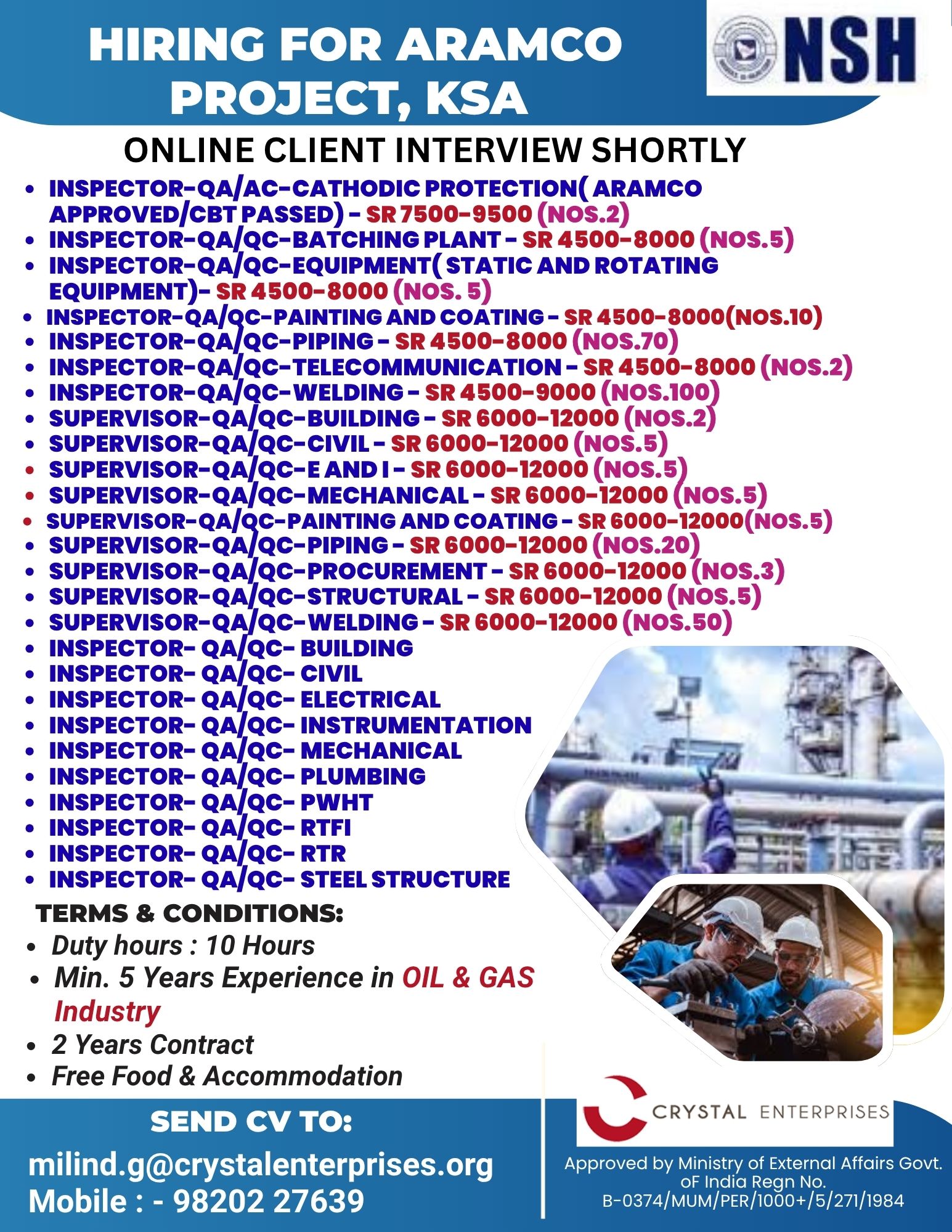 HIRING FOR ARAMCO PROJECT, KSA
