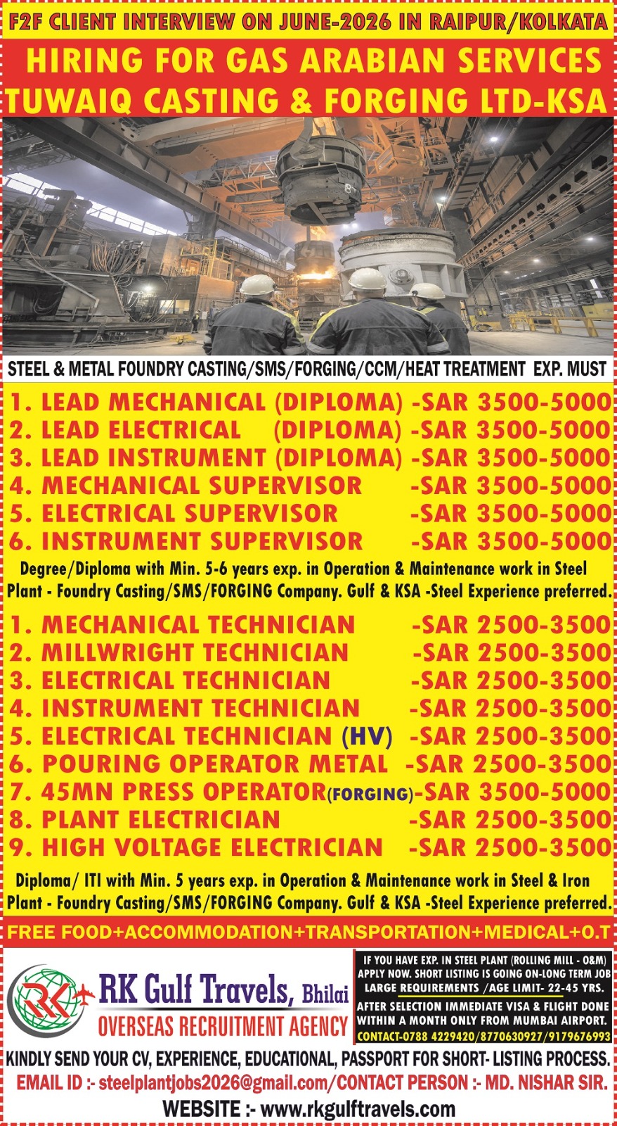 HIRING FOR A GAS ARABIA COMPANY FOR THEIR TUWAIQ STEEL – KSA 