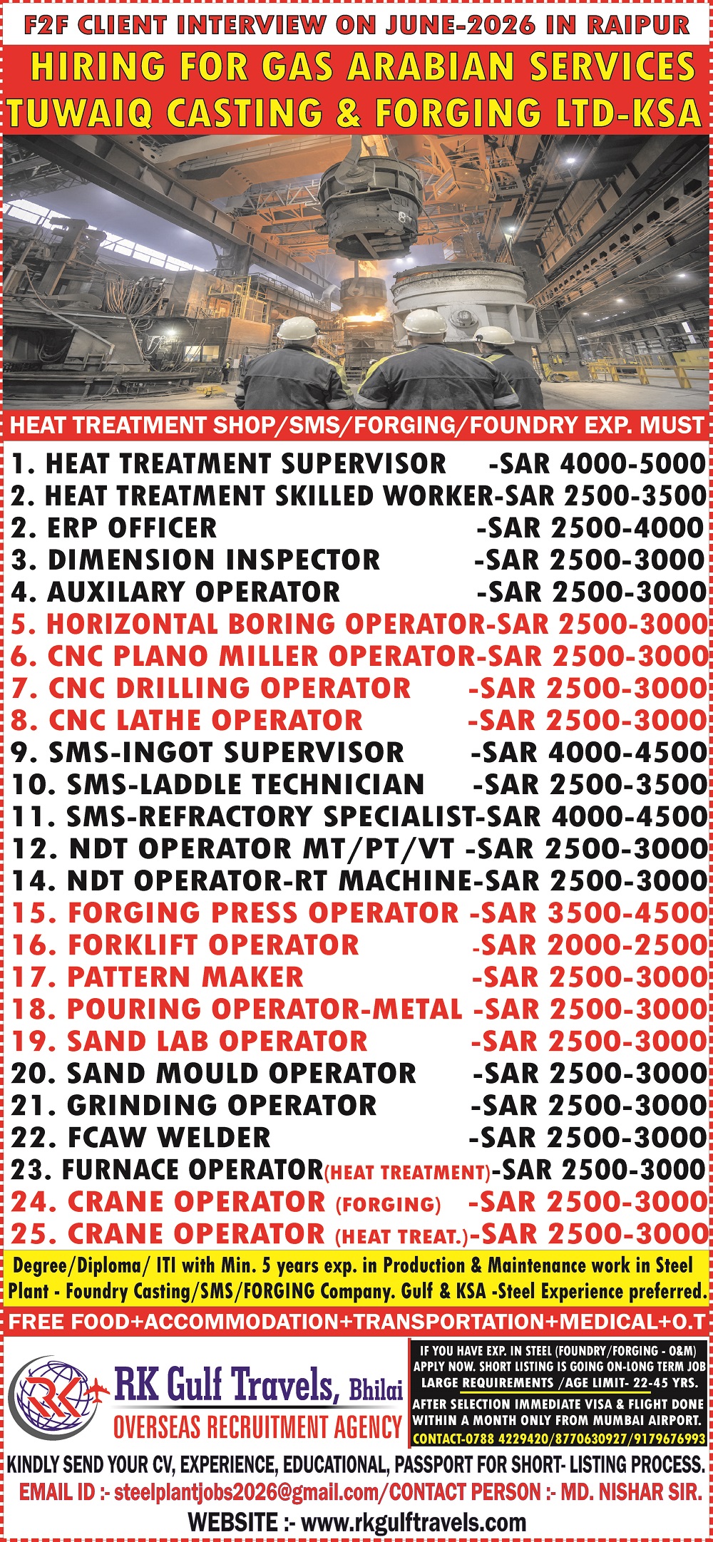 HIRING FOR A GAS ARABIA COMPANY FOR THEIR TUWAIQ STEEL – KSA