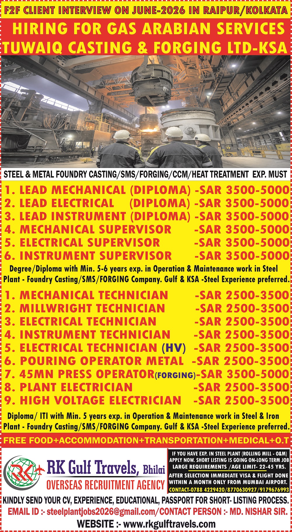 HIRING FOR A GAS ARABIA COMPANY FOR THEIR TUWAIQ STEEL – KSA