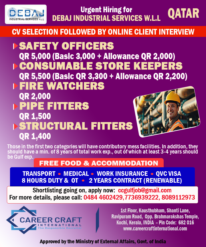 Urgent requirement of manpower for Debaj, Qatar – Online Client Interview –