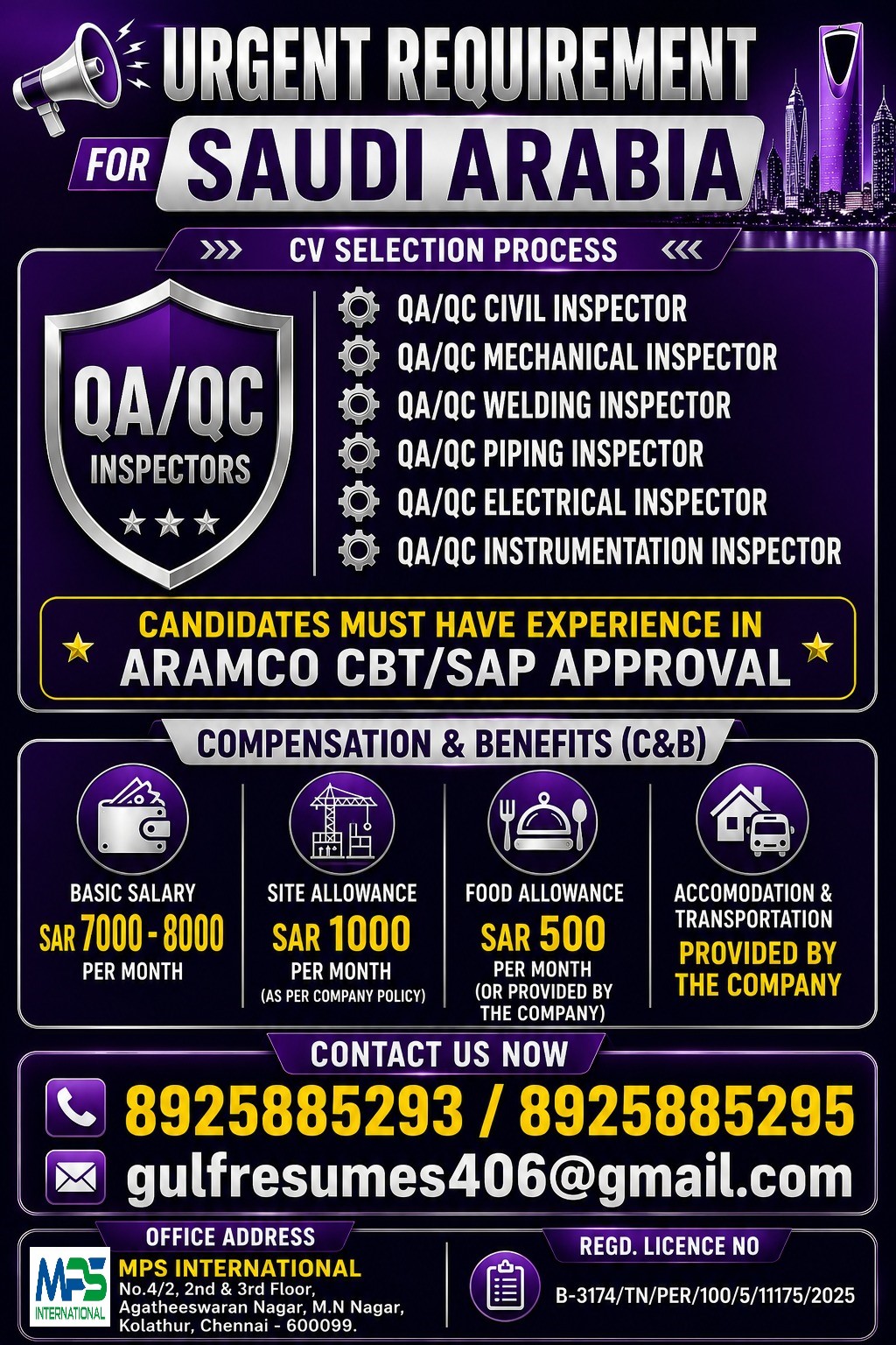 URGENT REQUIREMENT FOR SAUDI ARABIA CV SELECTION PROCESS