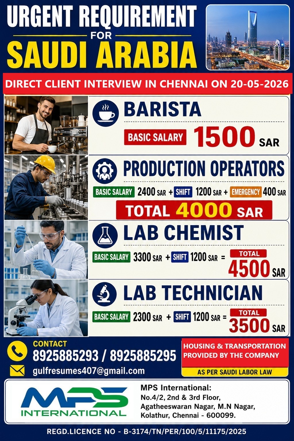 [Job RolURGENT REQUIREMENT FOR SAUDI ARABIA DIRECT CLIENT INTERVIEW IN CHENNAI ON 20-05-2026e] Jobs in [Country] – [Consultancy Name] Walk-in Interview 2026
