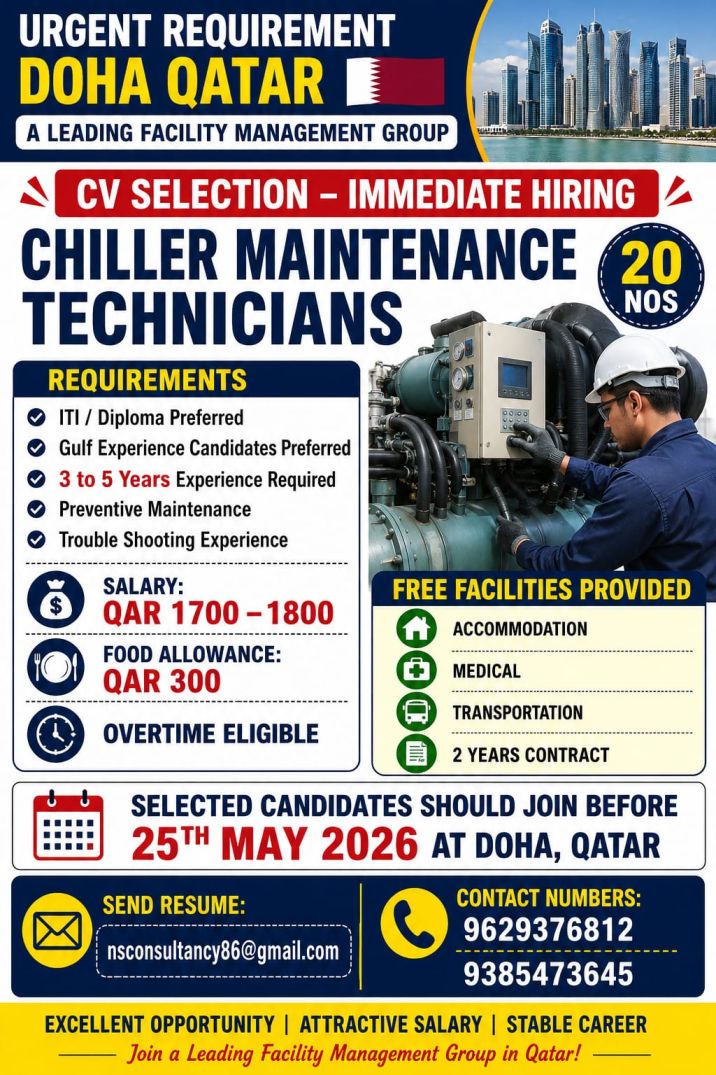 Urgent Qatar Jobs for Chiller Maintenance Technicians | Facility Management Company Hiring 2026