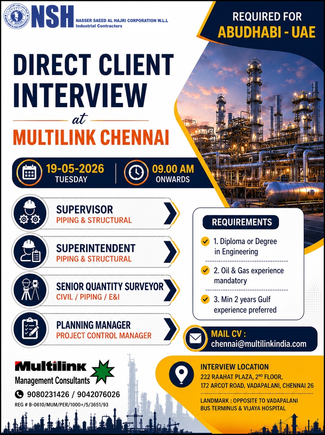 [piping] Jobs in [UAE] – [Multilink management chennai] Walk-in Interview 19.05. 2026