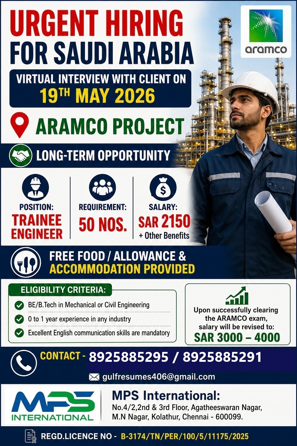 URGENT HIRING FOR SAUDI ARABIA VIRTUAL INTERVIEW WITH CLIENT ON 19TH MAY 2026