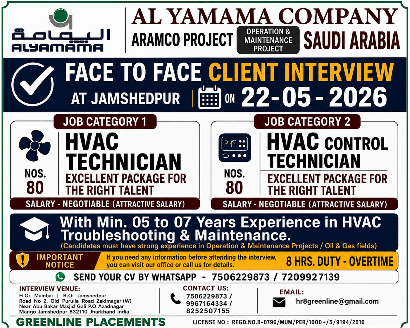 [HVAC TECHNICIAN] Jobs in [KSA] – [GREENLINE PLACEMENTS] Walk-in Interview 2026