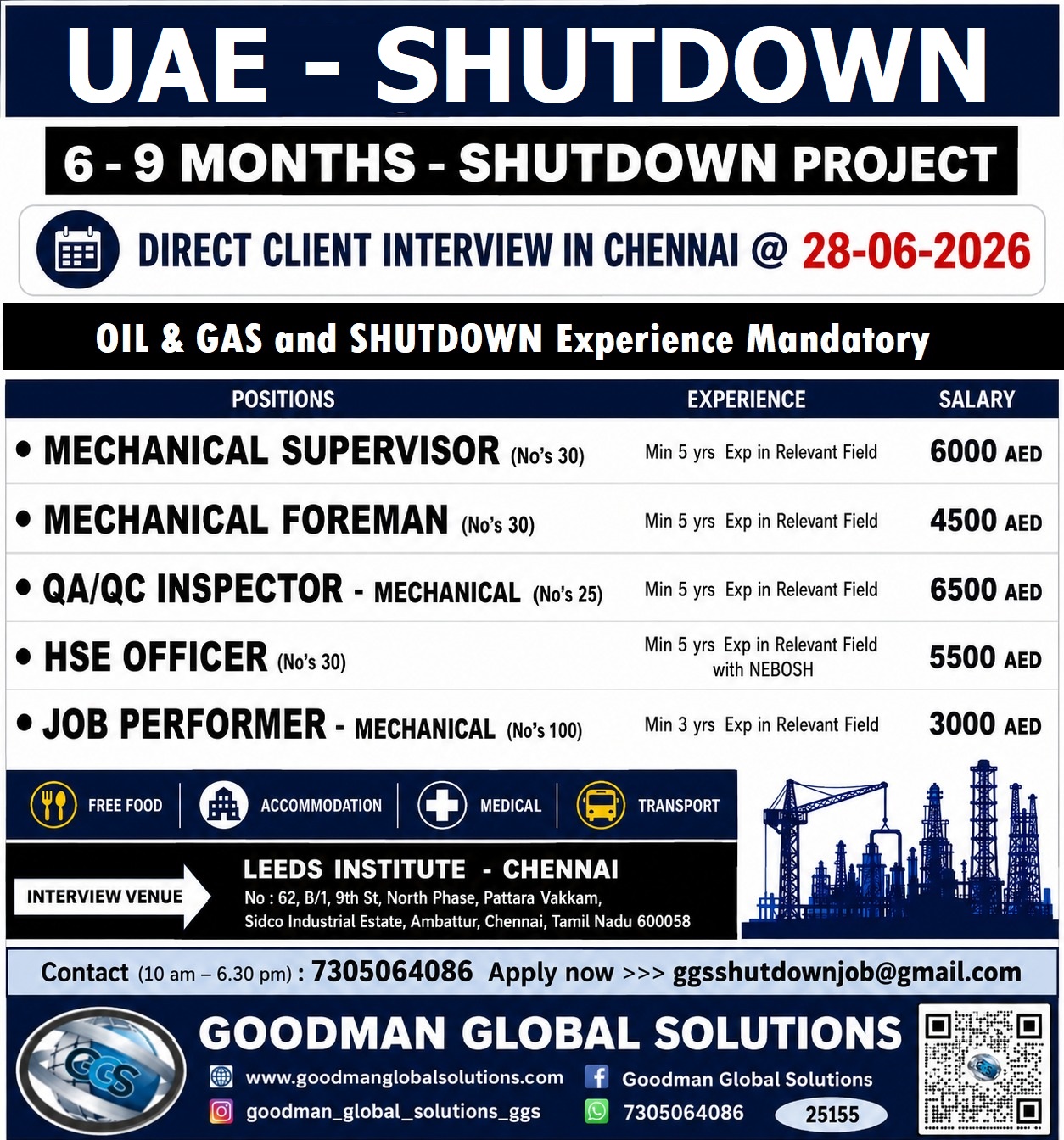 UAE – SHUTDOWN PROJECT (6 – 9 MONTHS SHUTDOWN) DIRECT CLIENT INTERVIEW IN CHENNAI ON 28-06-2026
