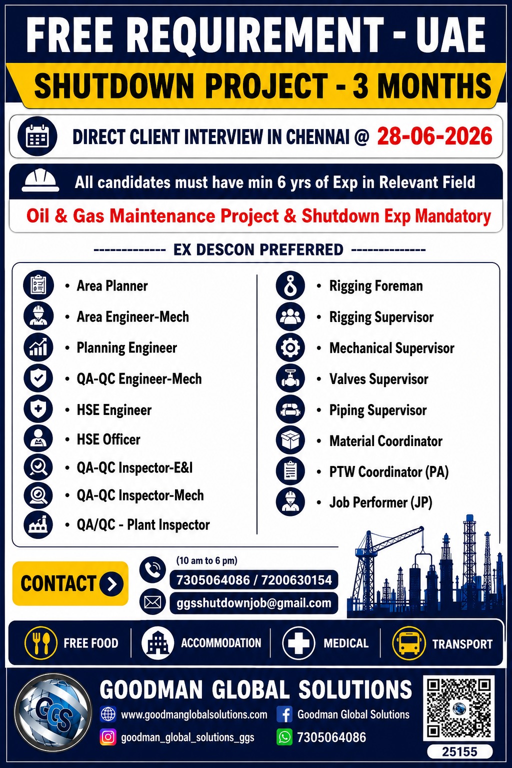 FREE REQUIREMENT – UAE – SHUTDOWN PROJECT DIRECT CLIENT INTERVIEW IN CHENNAI ON 28-06-2026