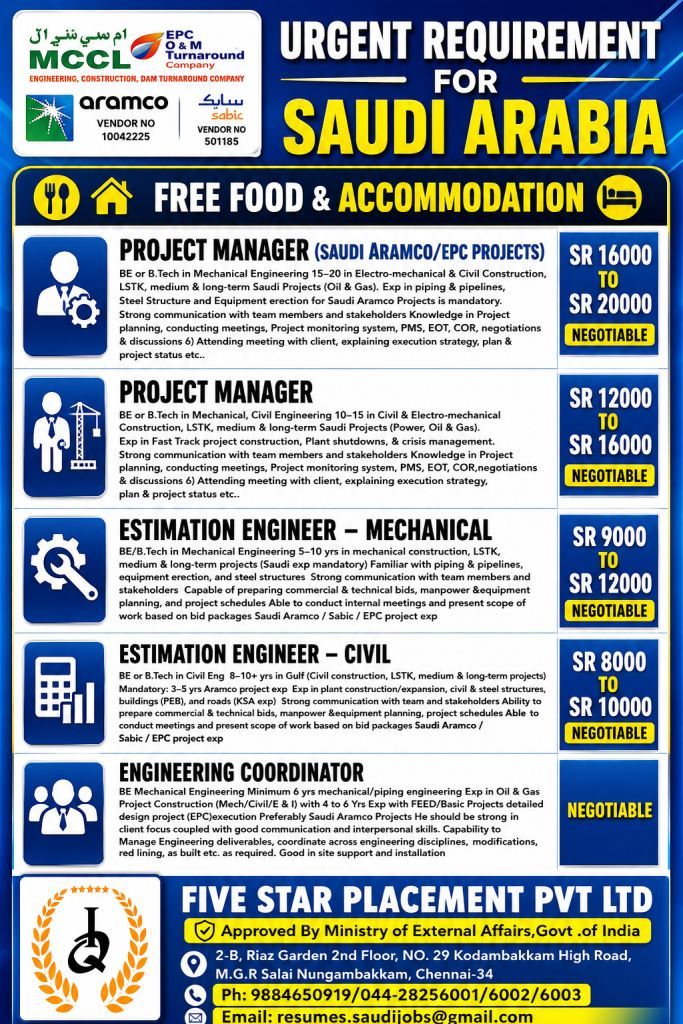 URGENT REQUIREMENT FOR SAUDI ARABIA