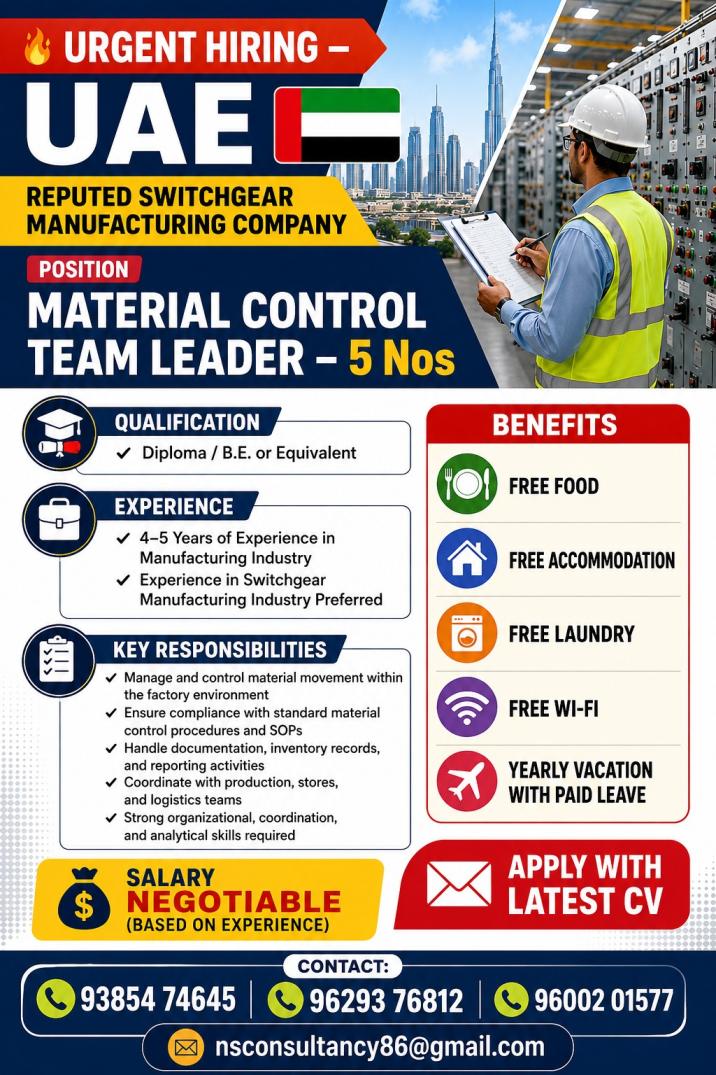 LEADING SWITCHGEAR MANUFACTURING COMPANY REQUIREMENT DUBAI