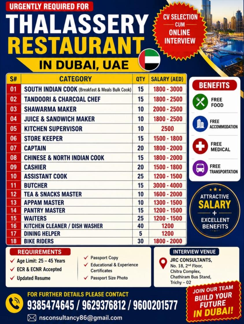URGENT REQUIREMENT FOR THALASSERY RESTAURANT FOR SAUDI ARABIA