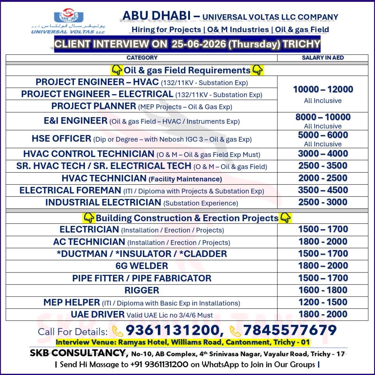 HIRING FOR ABUDHABI-UNIVERSAL VOLTAS LLC COMPANY