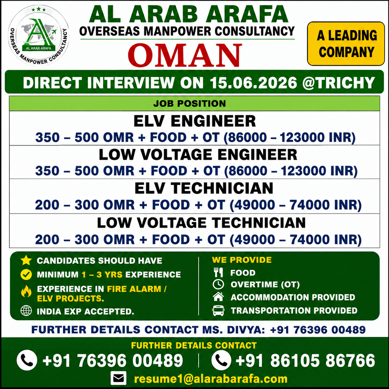 HIRING FOR OMAN ELV TECHNICIAN