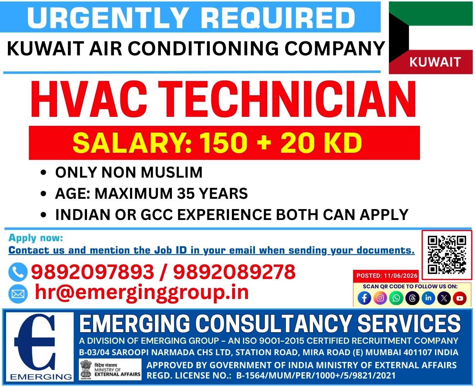 URGENTLY REQUIRED FOR KUWAIT (AIR CONDITIONING COMPANY) ONLINE INTERVIEW ON 15-JUNE-2026