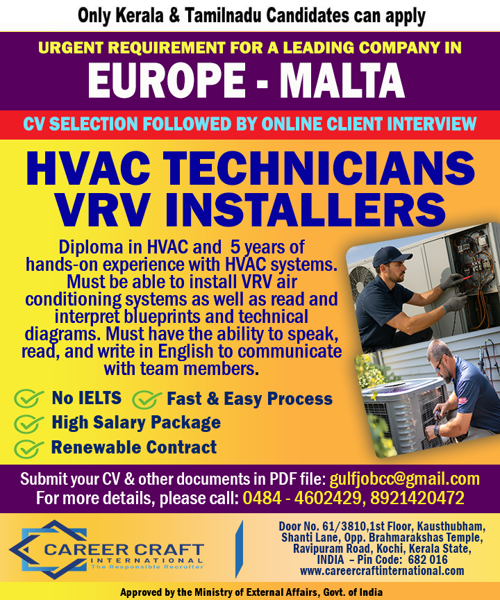 Urgent requirement of manpower for Malta – Europe –