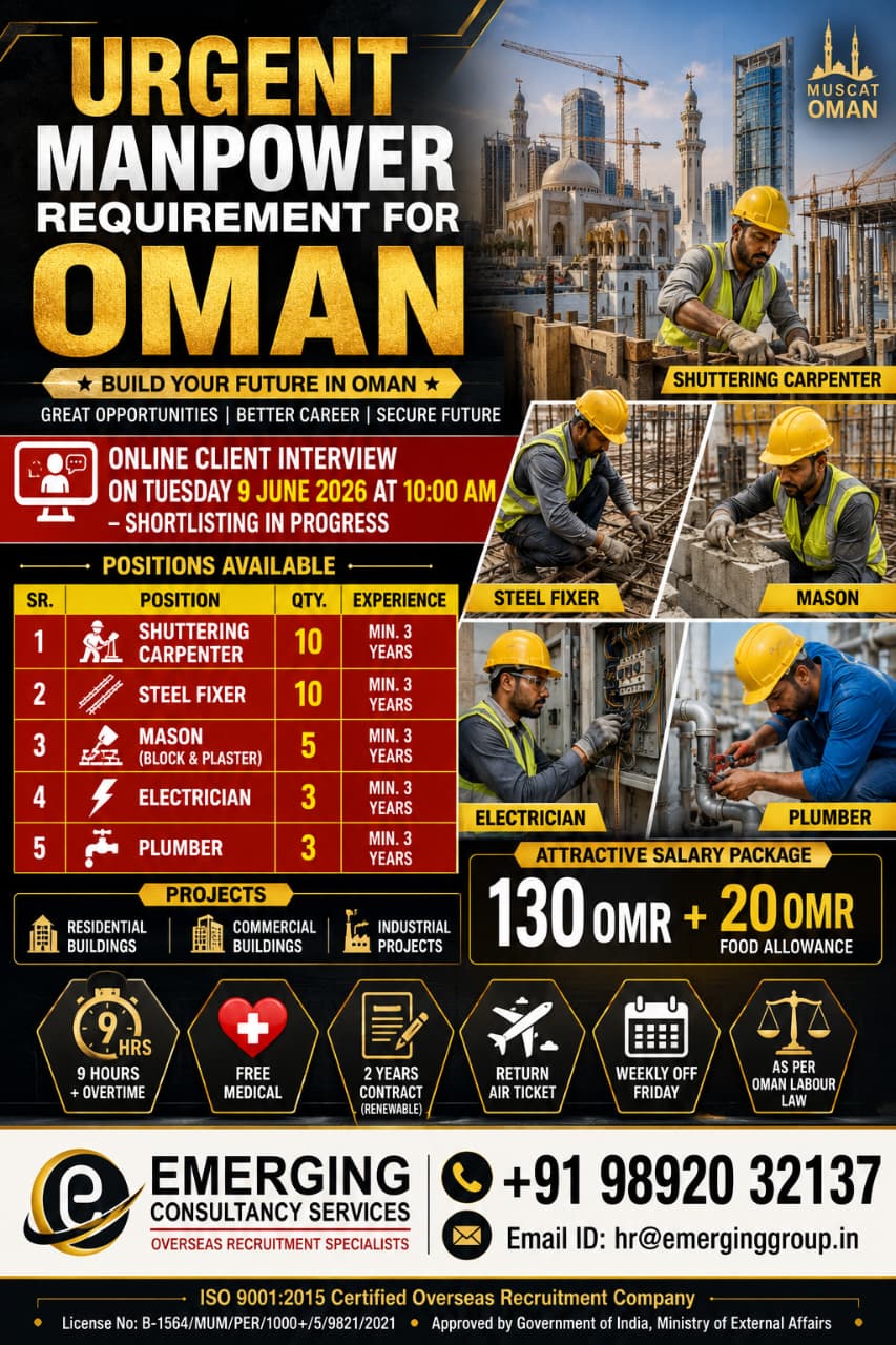 [Job Role] URGENT MANPOWER REQUIREMENT FOR OMAN ONLINE CLIENT INTERVIEW TUESDAY, 09 JUNE 2026 – 10:00 AM SHORTLISTING IN PROGRESSJobs in [Country] – [Consultancy Name] Walk-in Interview 2026