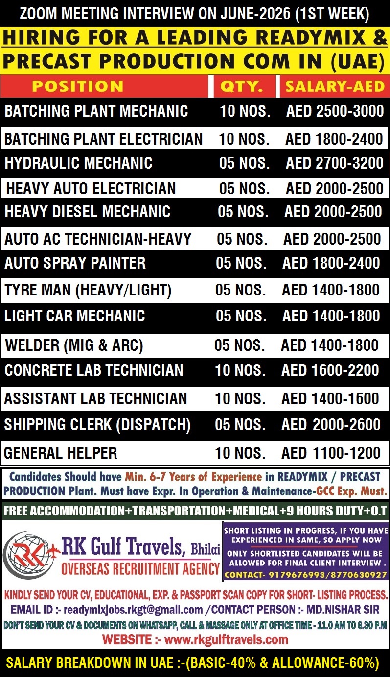 HIRING FOR A LEADING CONCRETE READY MIX COMPANY – ABU DHABI (UAE).