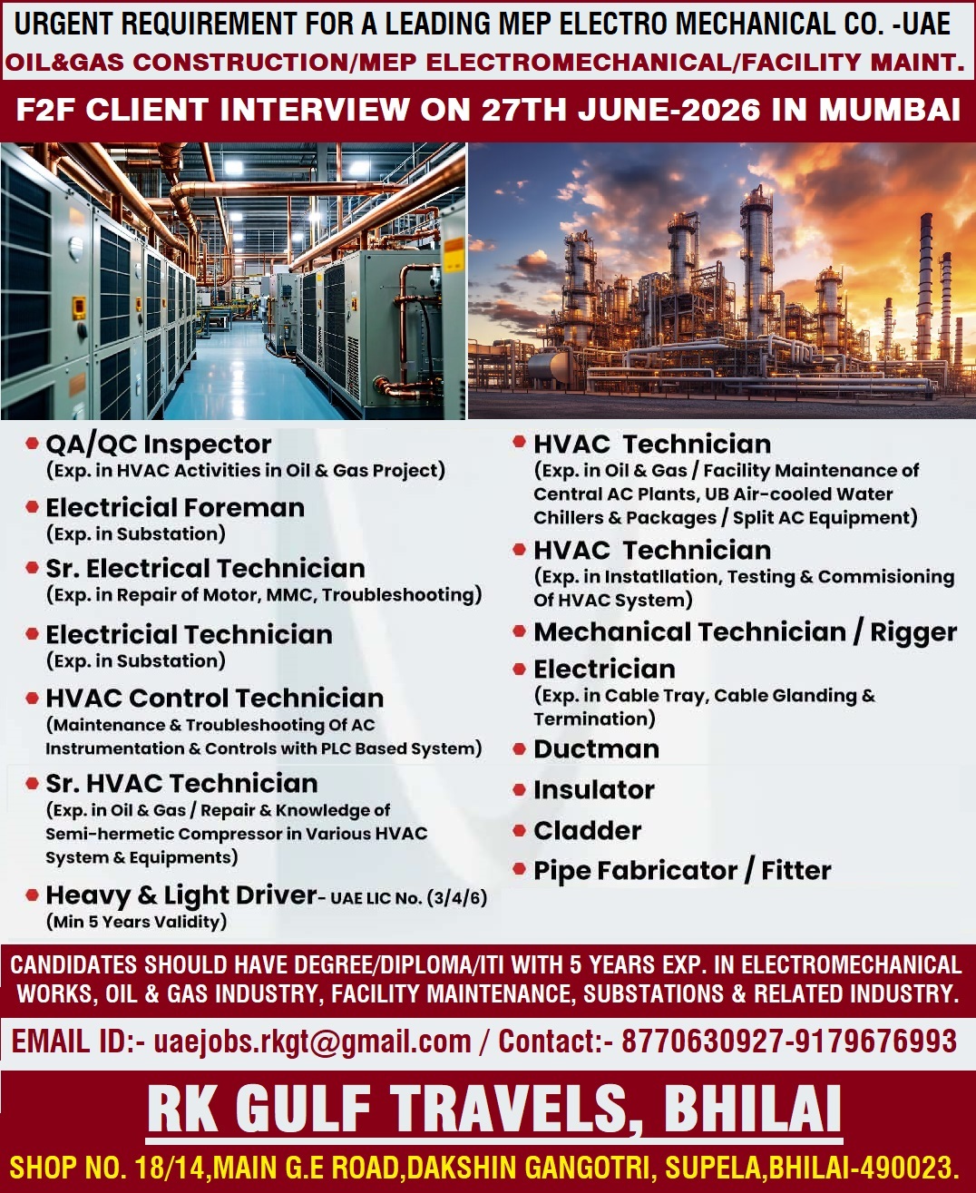 HIRING FOR A LEADING MEP ELECTRO MECHANICAL CO. – UAE
