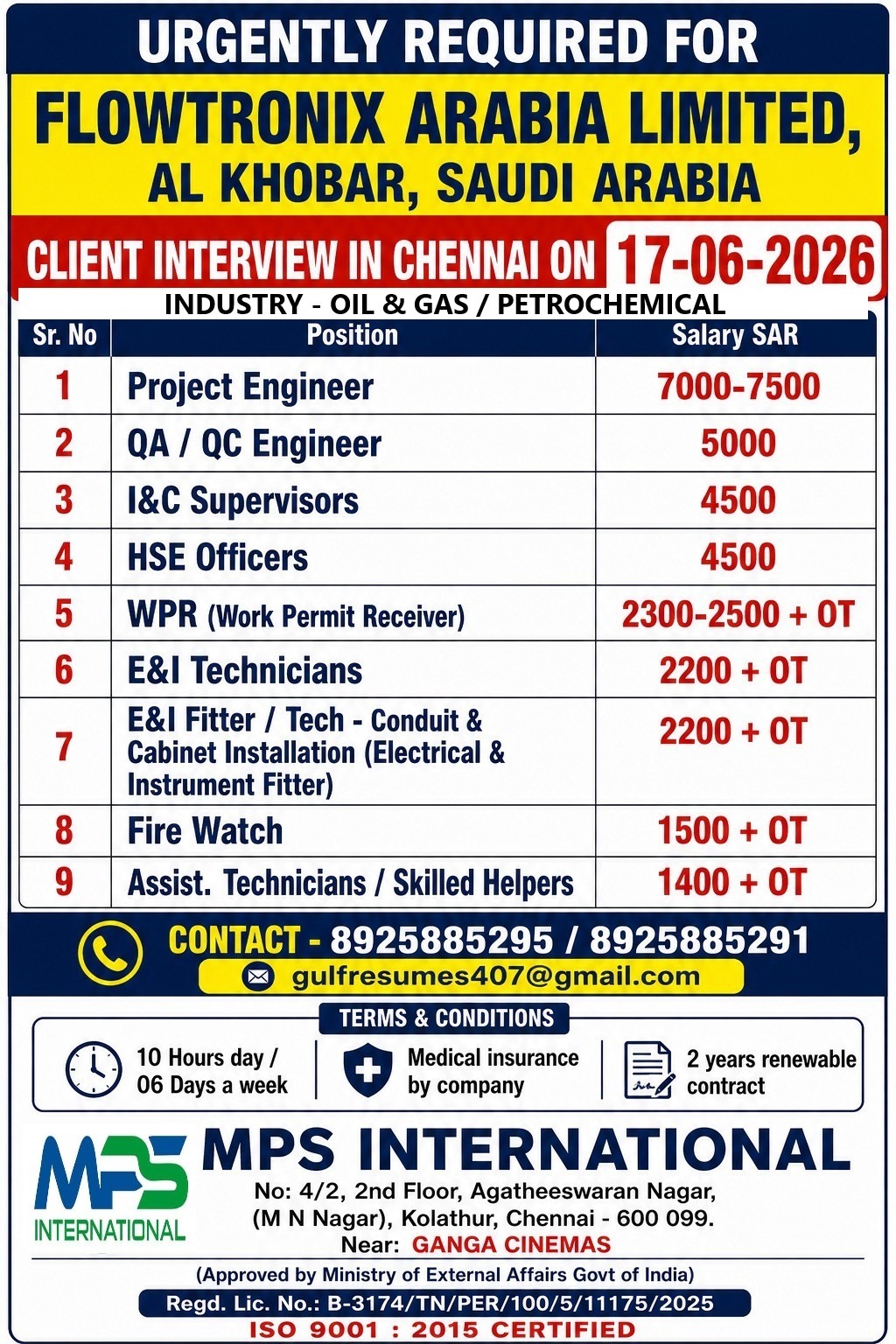 URGENTLY REQUIRED FOR FLOWTRONIX ARABIA LIMITED, AL KHOBAR, SAUDI ARABIA CLIENT INTERVIEW IN CHENNAI ON 17-06-2026
