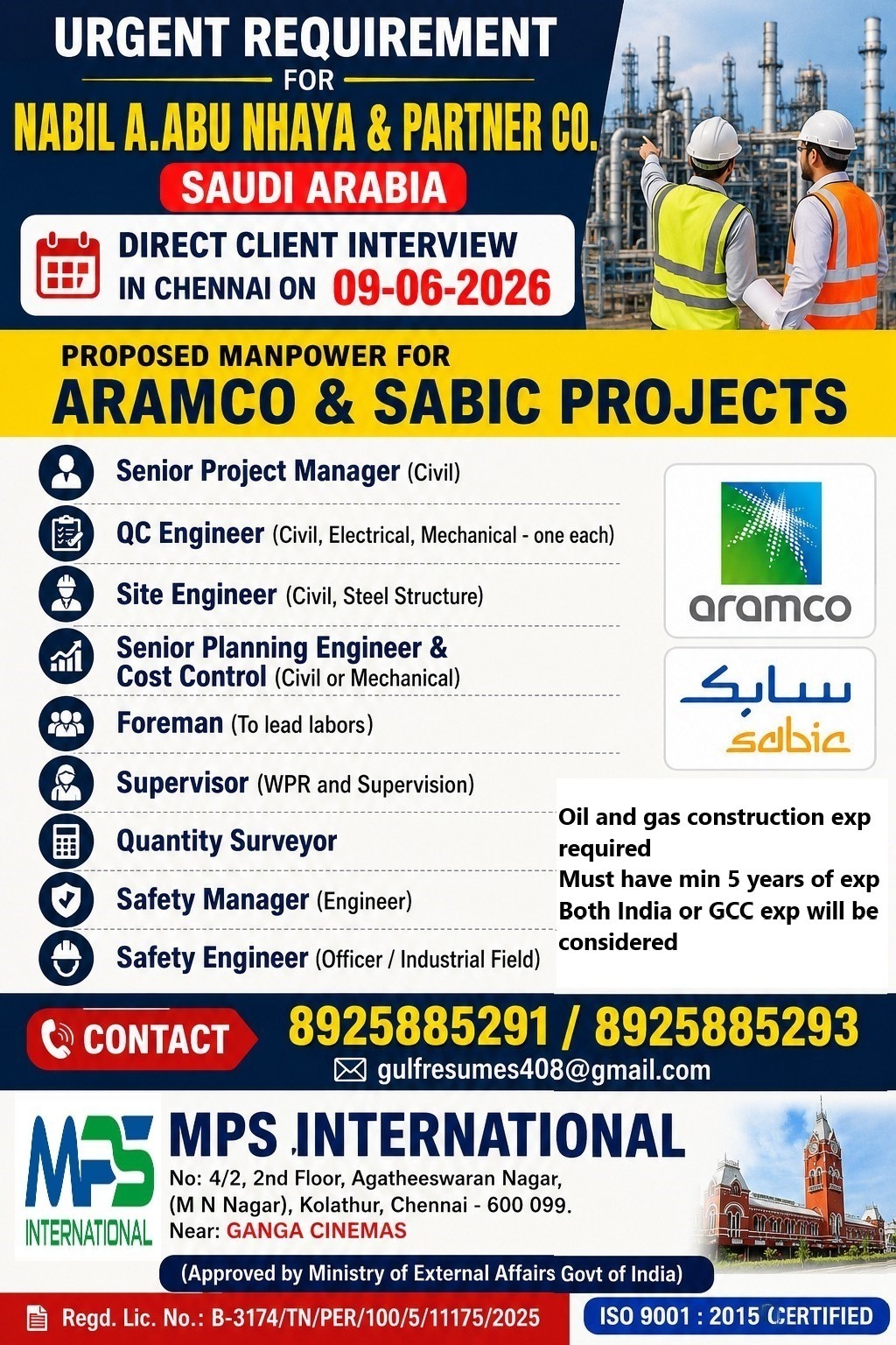 URGENT REQUIREMENT FOR NABIL A. ABU NHAYA & PARTNER CO. SAUDI ARABIA DIRECT CLIENT INTERVIEW IN CHENNAI ON 09-06-2026