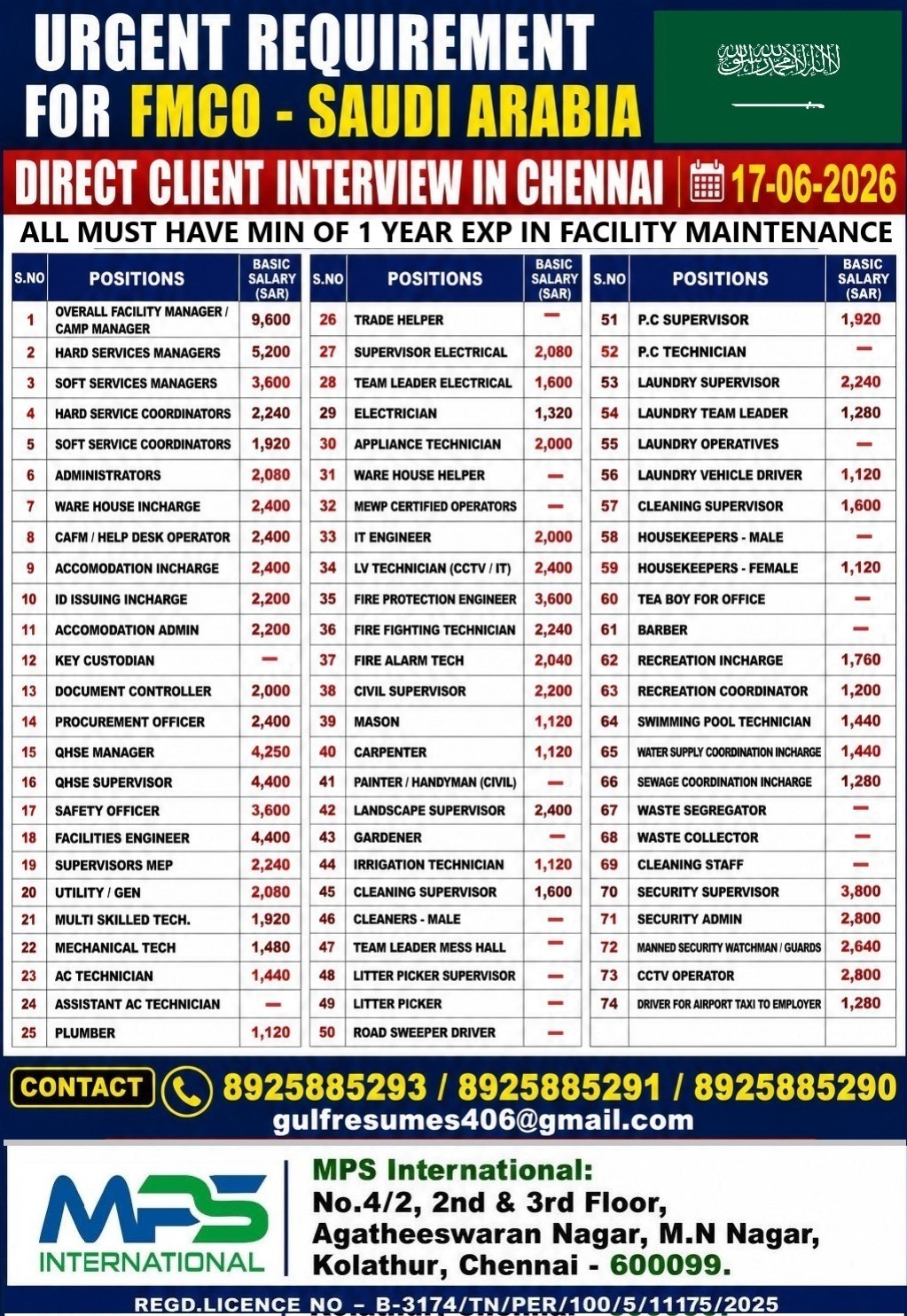 URGENT REQUIREMENT FMCO – SAUDI ARABIA DIRECT CLIENT INTERVIEW IN CHENNAI 17-06-2026