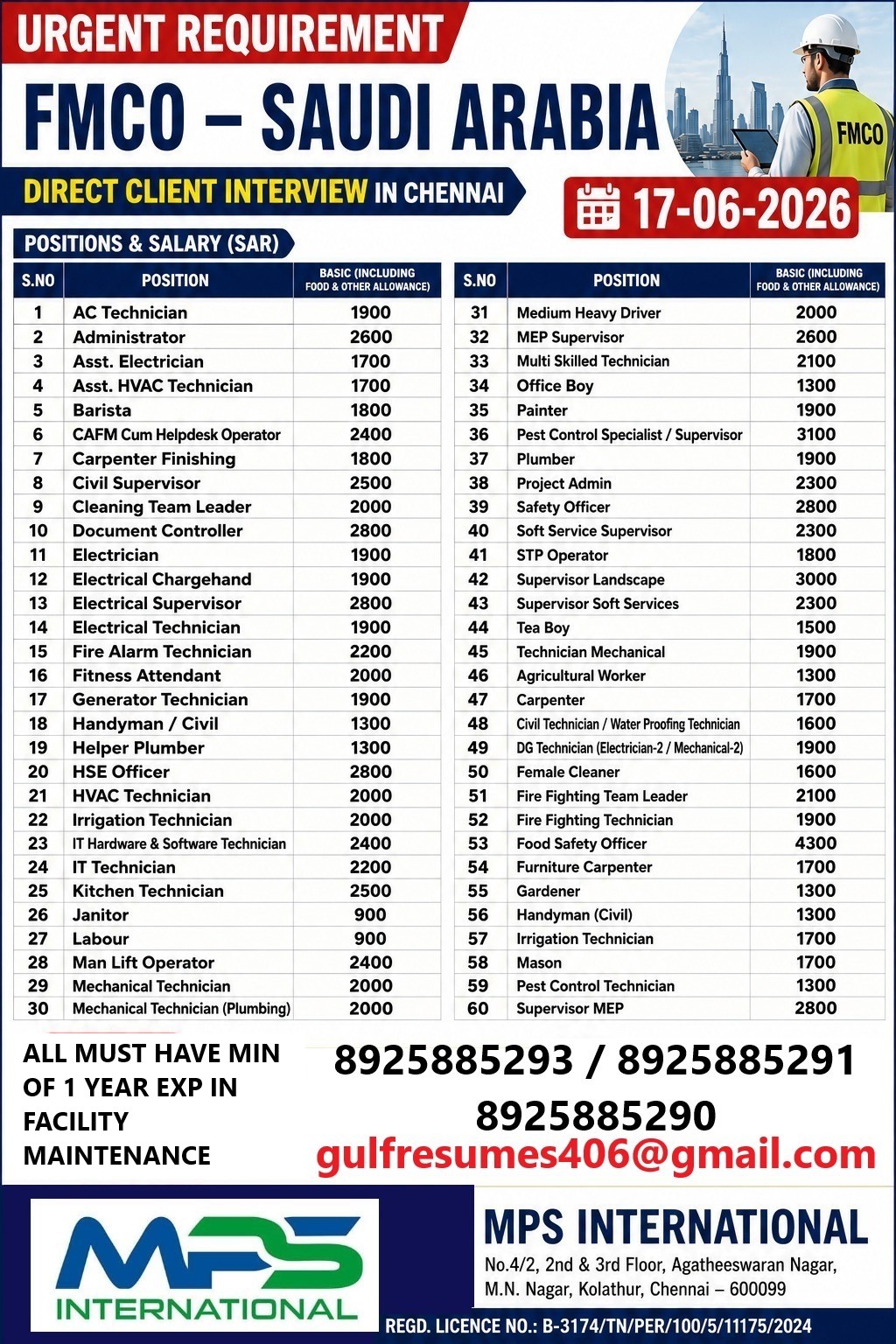URGENT REQUIREMENT FMCO – SAUDI ARABIA DIRECT CLIENT INTERVIEW IN CHENNAI 17-06-2026