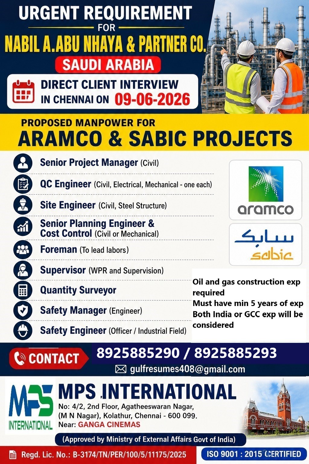 URGENT REQUIREMENT FOR NABIL A. ABU NHAYA & PARTNER CO. SAUDI ARABIA DIRECT CLIENT INTERVIEW IN CHENNAI ON 09-06-2026