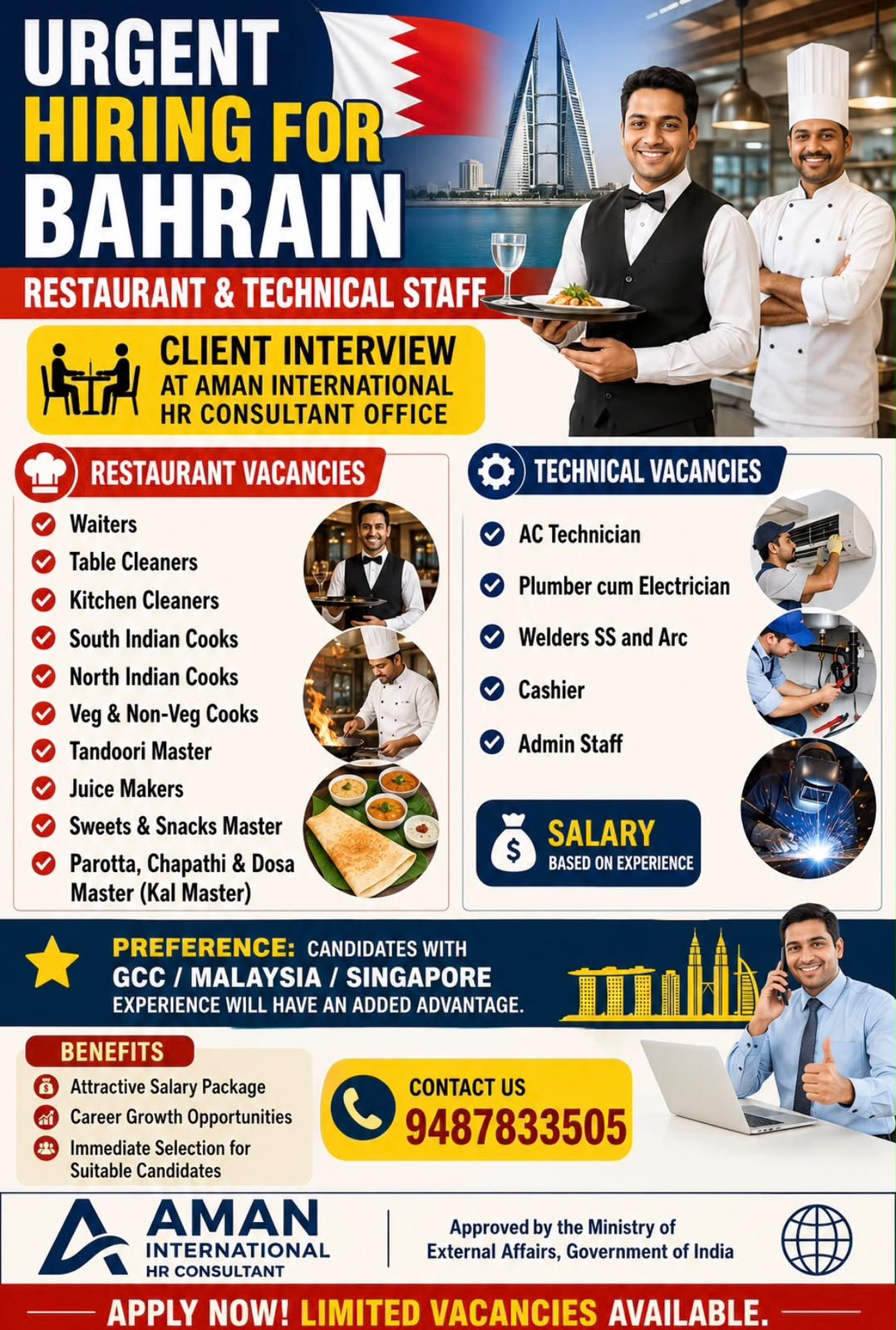 Restaurant & Technical Staff for Bahrain – Aman International Hr Consultant