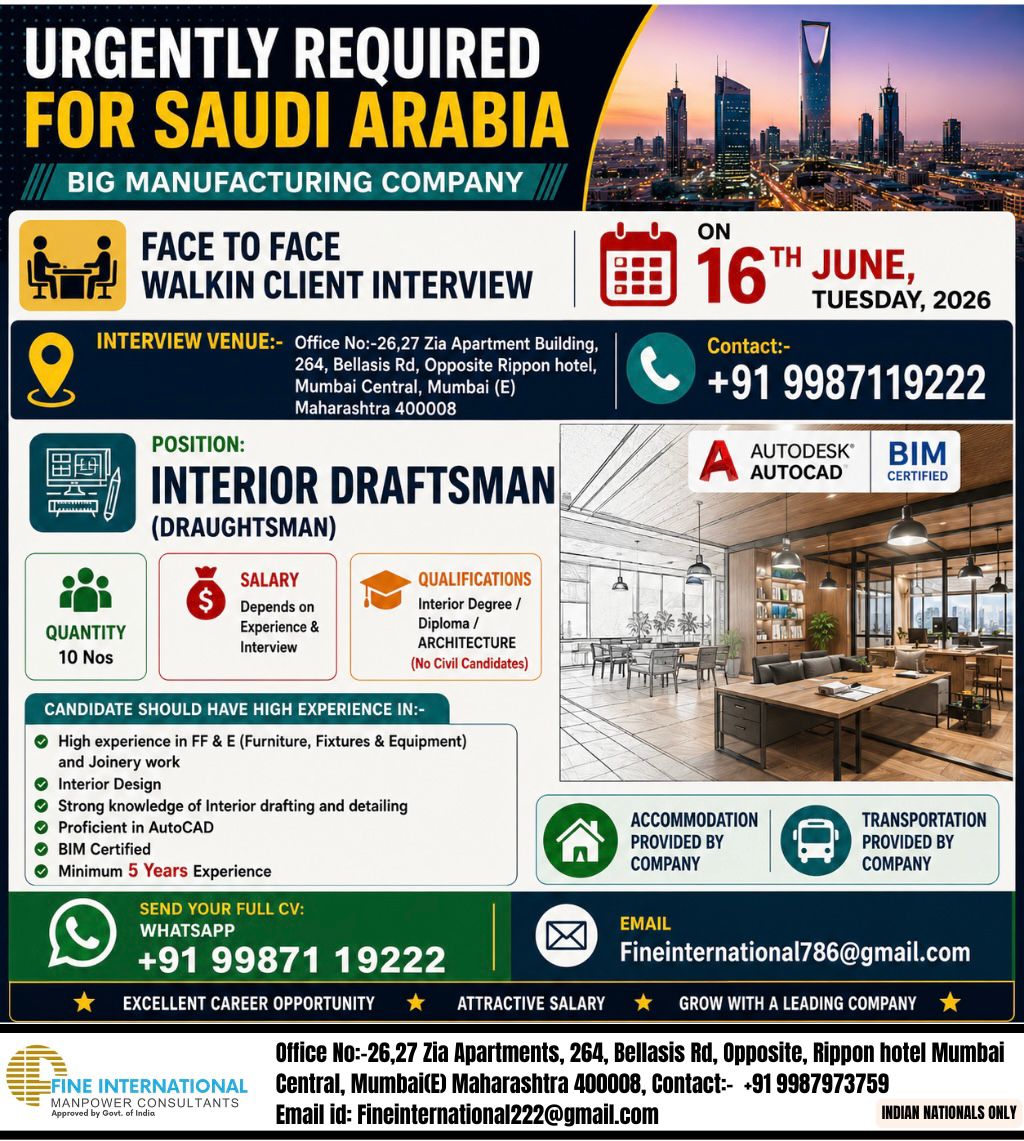 URGENTLY REQUIRED FOR SAUDI ARABIA – BIG MANUFACTURING COMPANY  🎯 FACE TO FACE WALKIN CLIENT INTERVIEW ON 16th JUNE, TUESDAY, 2026