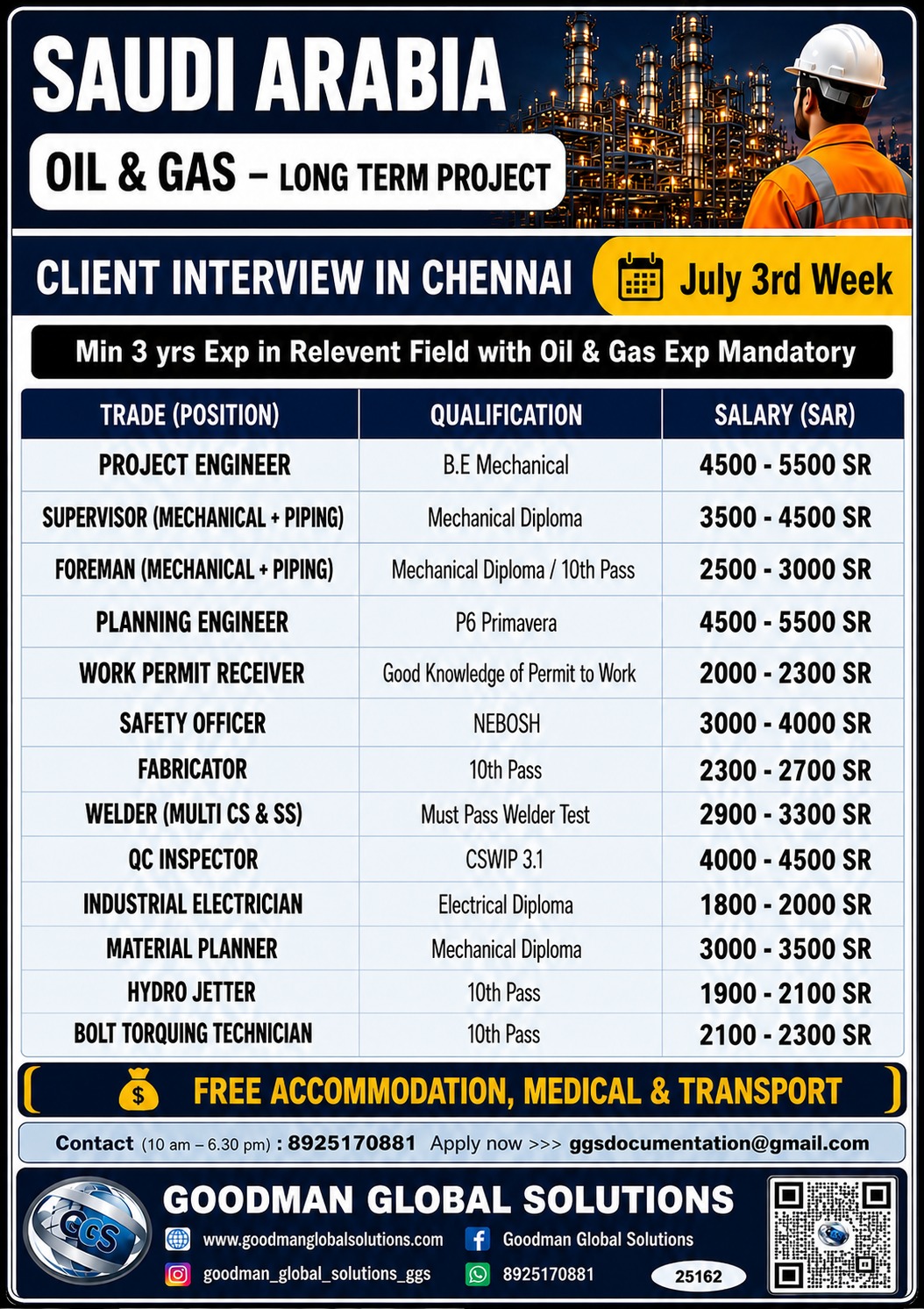 SAUDI ARABIA- OIL & GAS – LONG TERM PROJECT DIRECT CLIENT INTERVIEW IN CHENNAI ON JULY 3rd week 