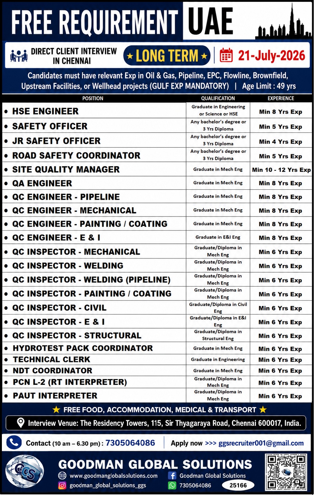 FREE REQUIREMENT-UAE- LONG TERM DIRECT CLIENT INTERVIEW IN CHENNAI @ 21-07-2026