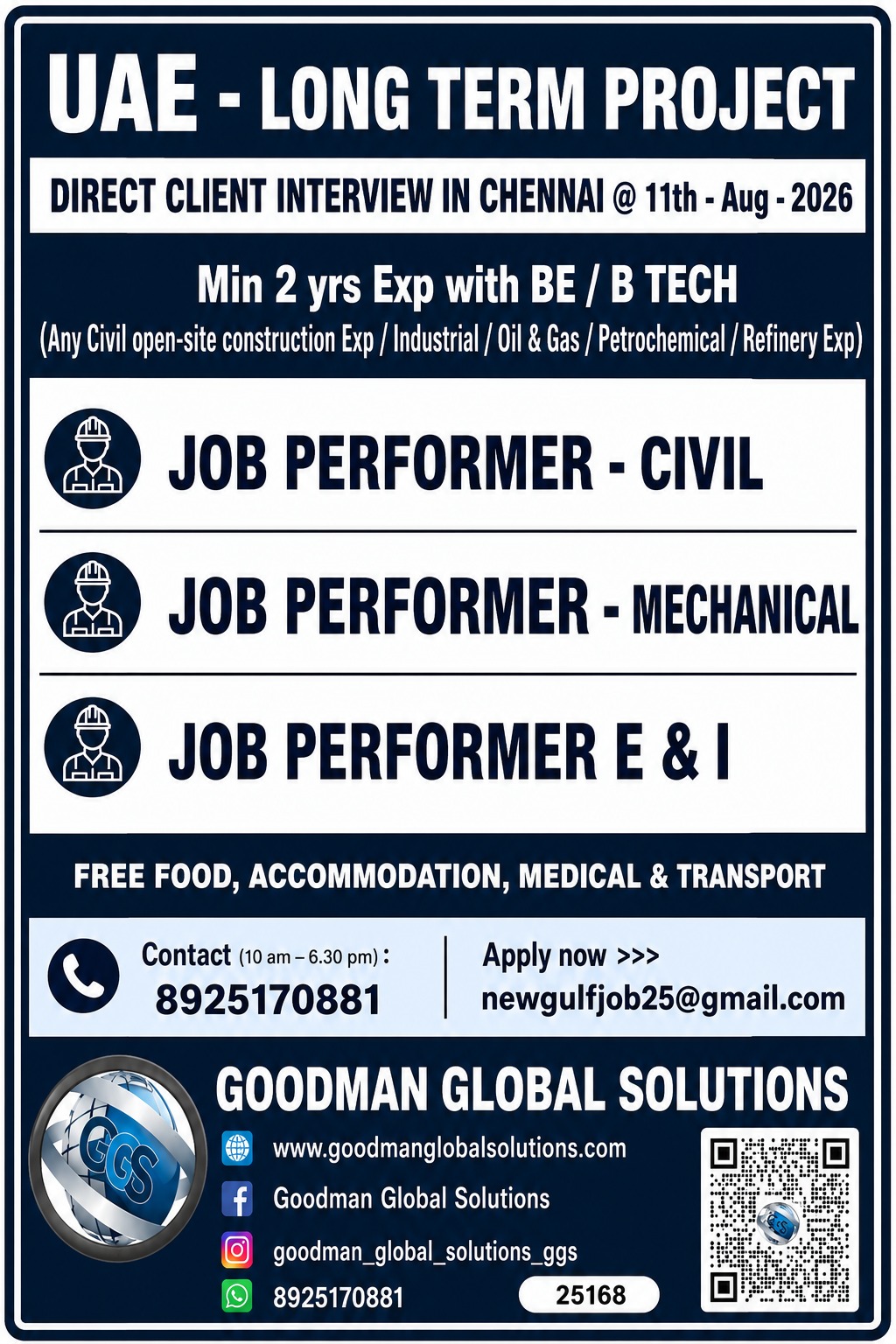 URGENT REQUIREMENT-UAE- LONG TERM DIRECT CLIENT INTERVIEW IN CHENNAI @ 11-08-2026