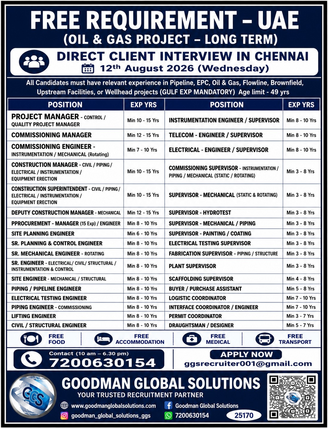 FREE REQUIREMENT-UAE- LONG TERM DIRECT CLIENT INTERVIEW IN CHENNAI @ 12-08-2026