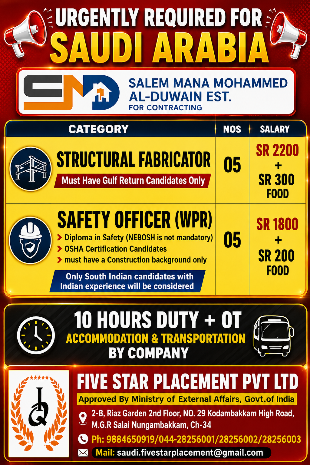 URGENT REQUIREMENT FOR SAUDI ARABIA