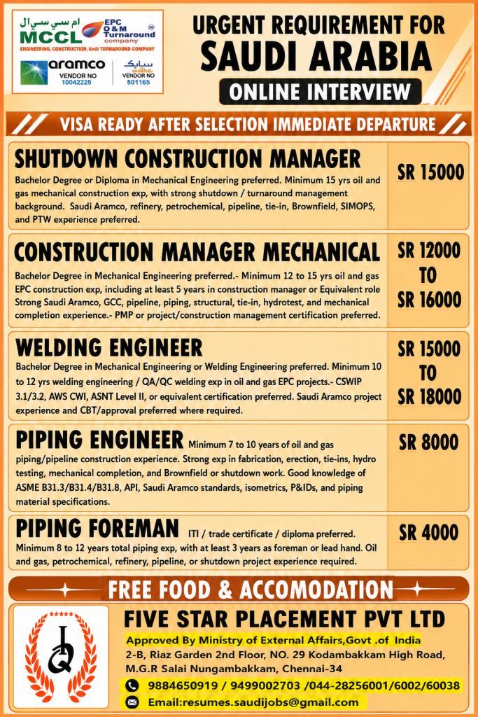 URGENT REQUIREMENT FOR SAUDI ARABIA