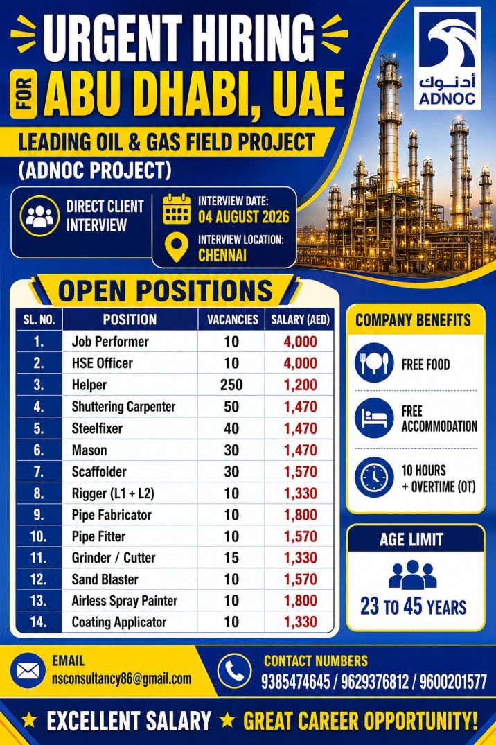 LEADING OIL & GAS PROJECT COMPANY REQUIREMENT FOR ABU DHABI UAE