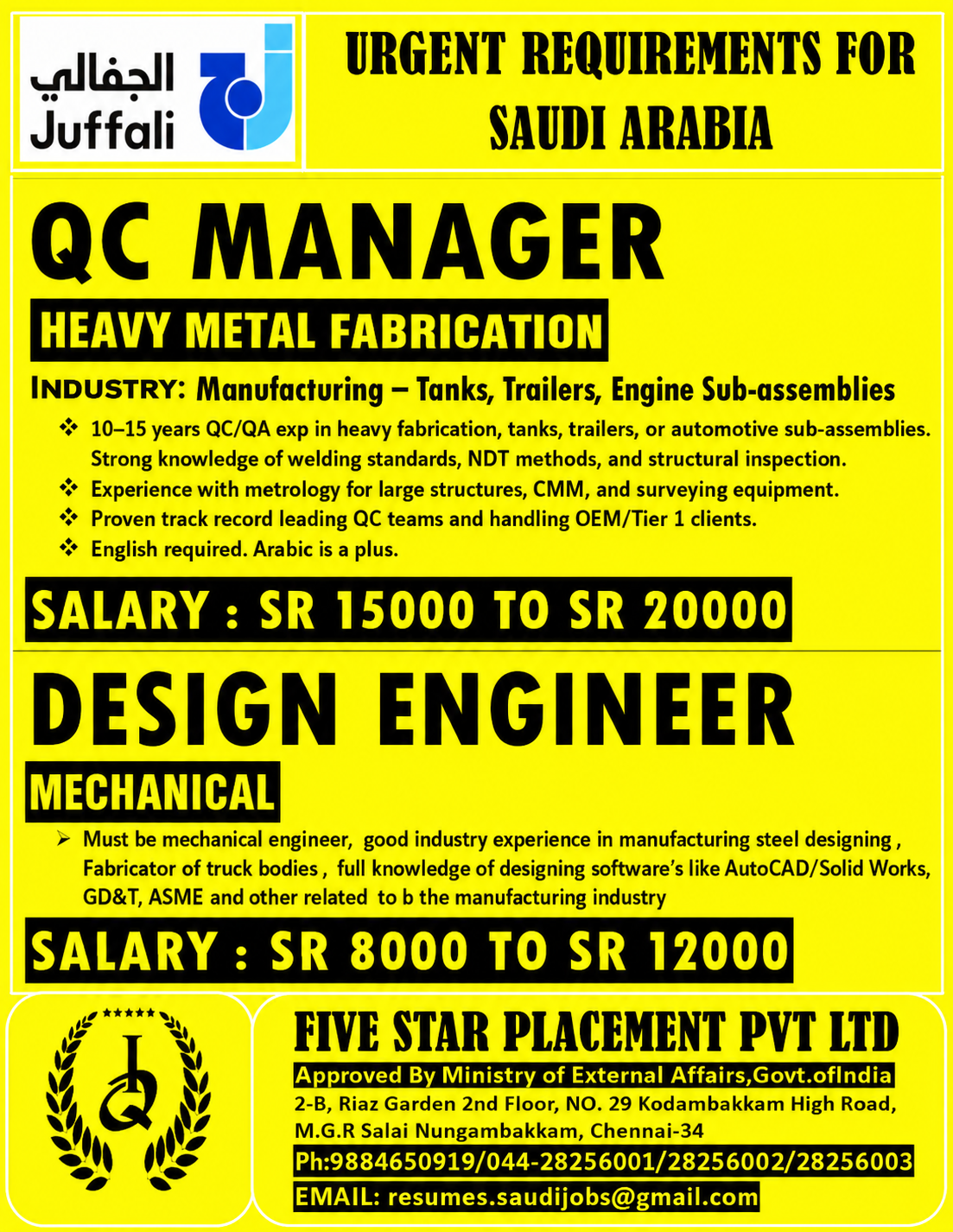 URGENT REQUIREMENT FOR SAUDI ARABIA