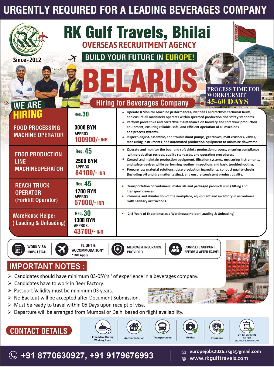 HIRING FOR A LEADING BEVERAGES COMPANY – BELARUS (EUROPE)