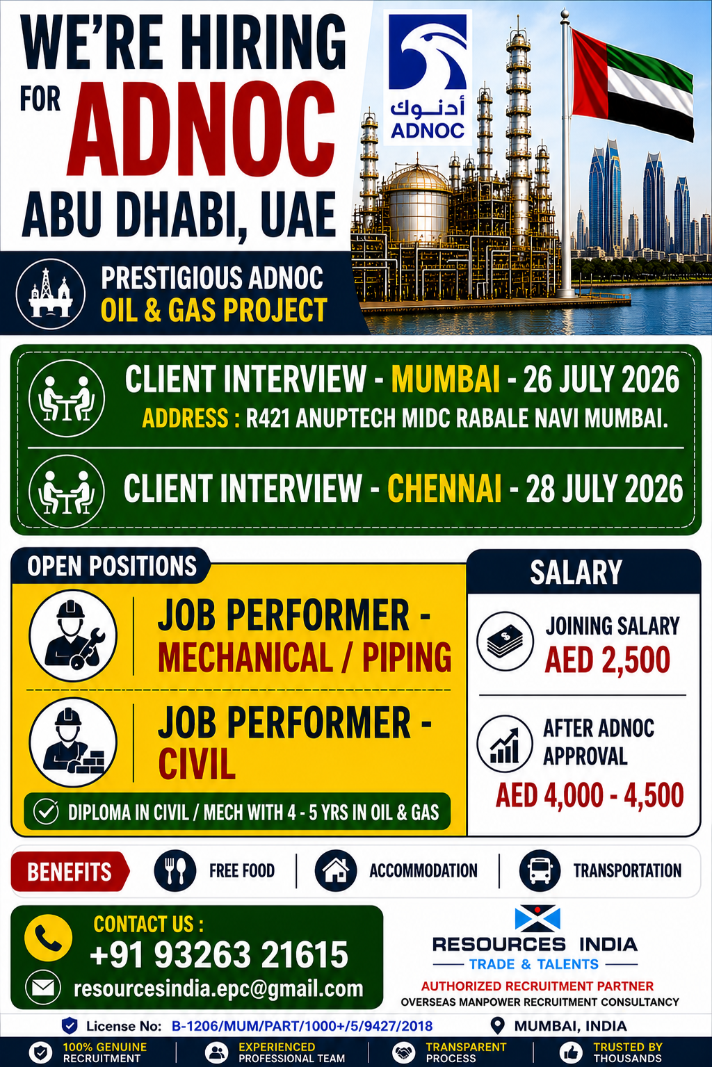 JOB PERFORMERS / PERMIT RECIEVER FOR ABU DHABI