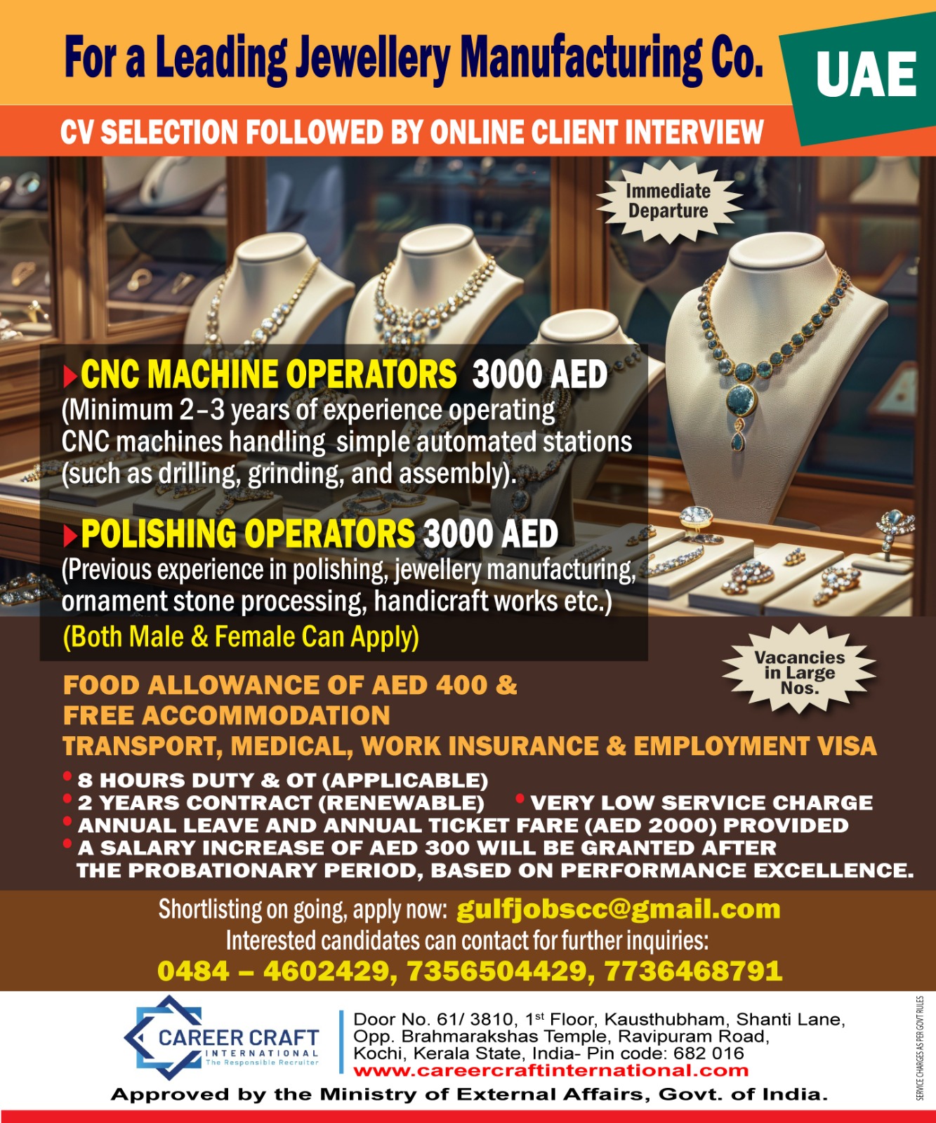 Urgent requirement of manpower for a Leading Jewelry in United Arab Emirates –