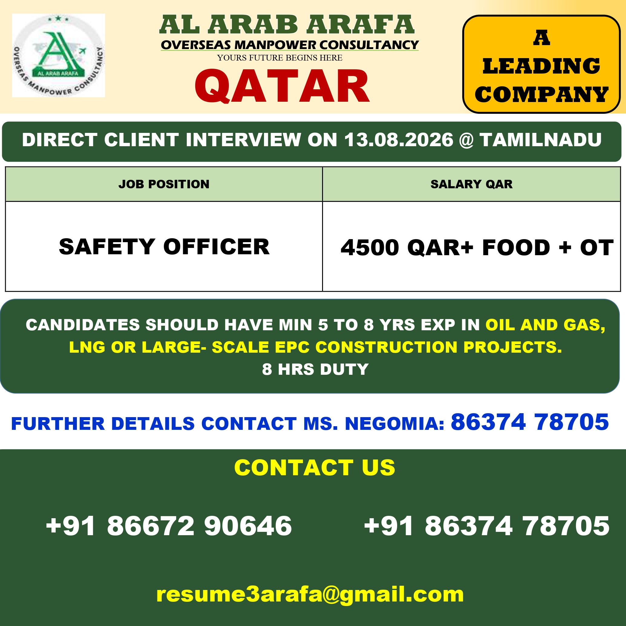 DIRECT CLIENT INTERVIEW ON 13.08.2026 @ TAMILNADU