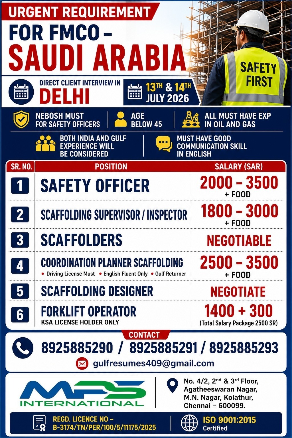 URGENT REQUIREMENT FOR FMCO – SAUDI ARABIA DIRECT CLIENT INTERVIEW IN DELHI 13TH & 14TH JULY 2026