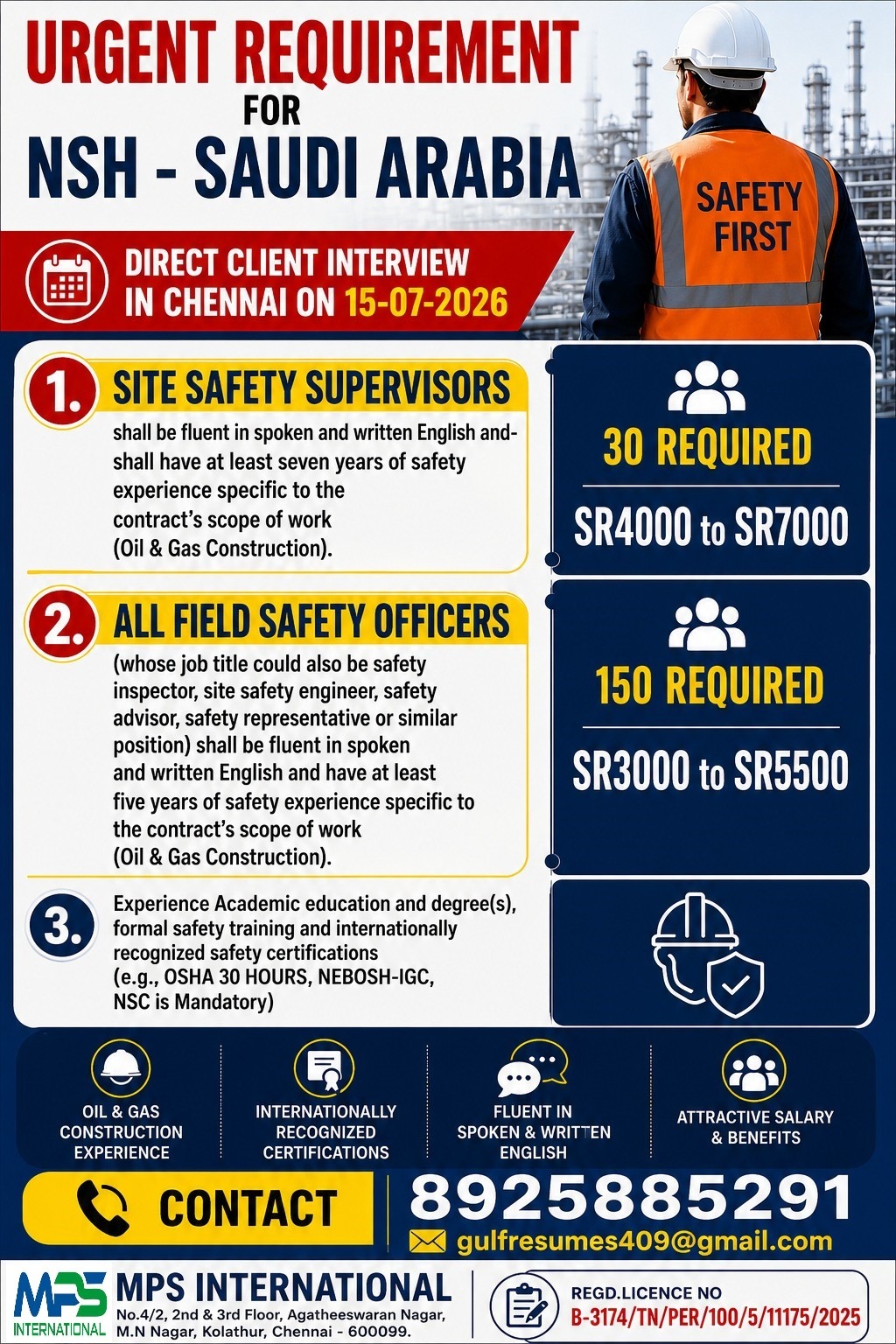 URGENT REQUIREMENT FOR NSH – SAUDI ARABIA DIRECT CLIENT INTERVIEW IN CHENNAI ON 15-07-2026
