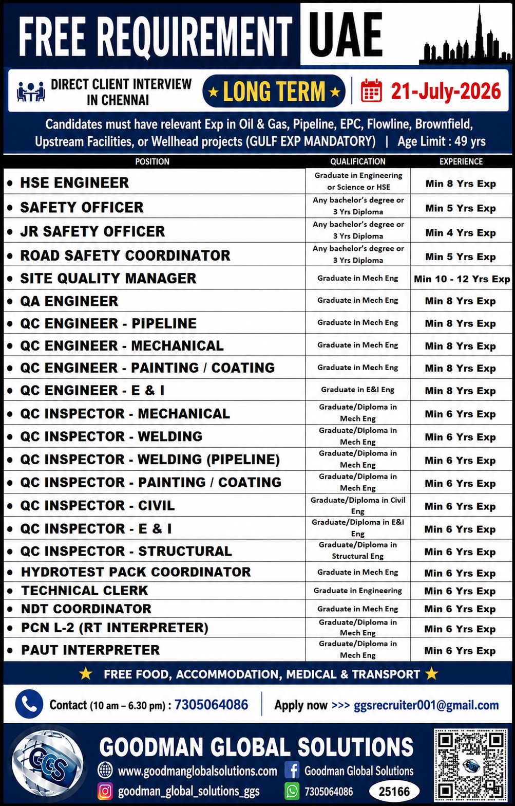 FREE REQUIREMENT-UAE- LONG TERM DIRECT CLIENT INTERVIEW IN CHENNAI @ 21-07-2026