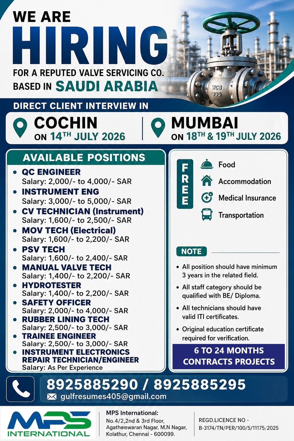 WE ARE HIRING FOR A REPUTED VALVE SERVICING CO. BASED IN SAUDI ARABIA DIRECT CLIENT INTERVIEW IN 📍 COCHIN ON 14TH JULY 2026 📍 MUMBAI ON 18TH & 19TH JULY 2026