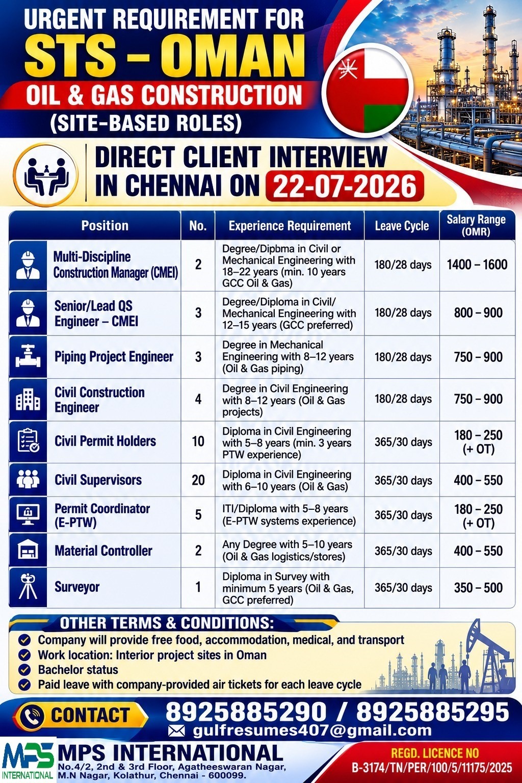 RGENT REQUIREMENT FOR STS – OMAN OIL & GAS CONSTRUCTION (SITE-BASED ROLES) DIRECT CLIENT INTERVIEW IN CHENNAI ON 22-07-2026